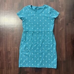 Duluth Trading Women’s Medium Teal Patterned Knit Pocket Dress Short Sleeve